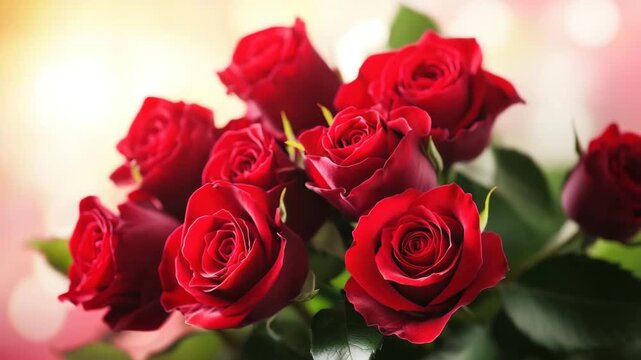Red rose flower bouquet with green leaf background, romantic floral arrangement featuring fresh blossom, vibrant petal colors, soft light bokeh effect, elegant bouquet perfect for decoration
