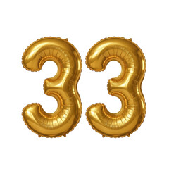 Golden number 33 inflatable foil balloons on transparent background