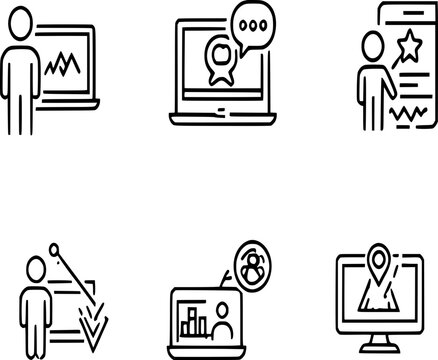 Icons depicting business presentations, online meetings, and data analysis on various devices