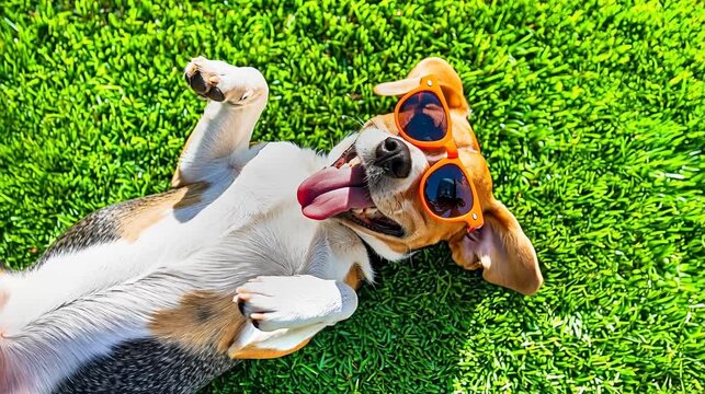 happy beagle dog lying on its back on a grassy surface, wearing a pair of sunglasses adorable	

