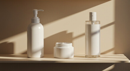 Collection of pink unbranded cosmetic product containers on a wooden tray for mockup purposes.