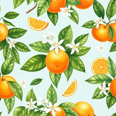 A seamless pattern of fresh, ripe tangerines with green leaves, perfect for a healthy fruit and citrus background