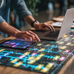 Person interacts with digital interface on table with laptop and tablet