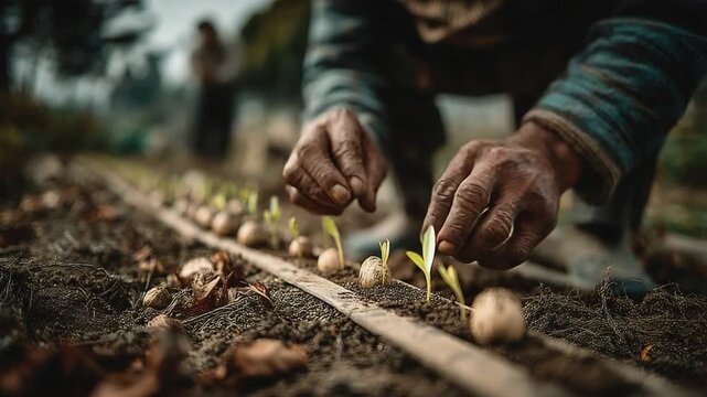 Cultivating New Beginnings: A focused individual, delicately placing seeds into the soil, marking the inception of life, symbolising hope and hard work in agriculture. 
