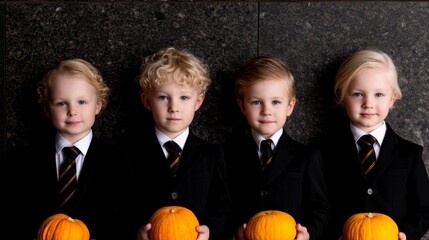 Fototapeta premium happy Halloween a group of children in suits and with pumpkins in home. Adorable youngsters dressed formally celebrate autumn festival inside residence with decorative gourds.