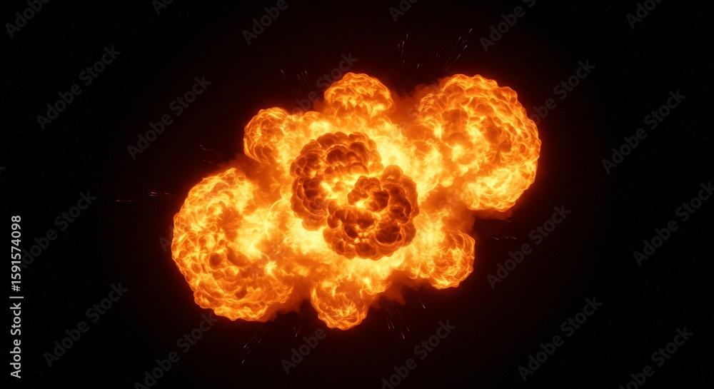 Poster fiery explosion: dynamic 3d render of intense combustion with glowing embers against black backgroun