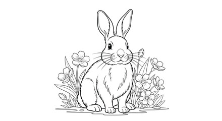 Fototapeta premium Rabbit with Spring Flowers Adult Coloring Page Charming Nature Scene Design