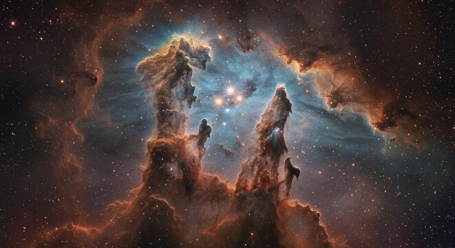 Majestic Cosmic Pillars in Vast Nebula with Stellar Blue Glow