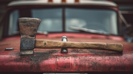Rusty axe rests on vintage truck hood