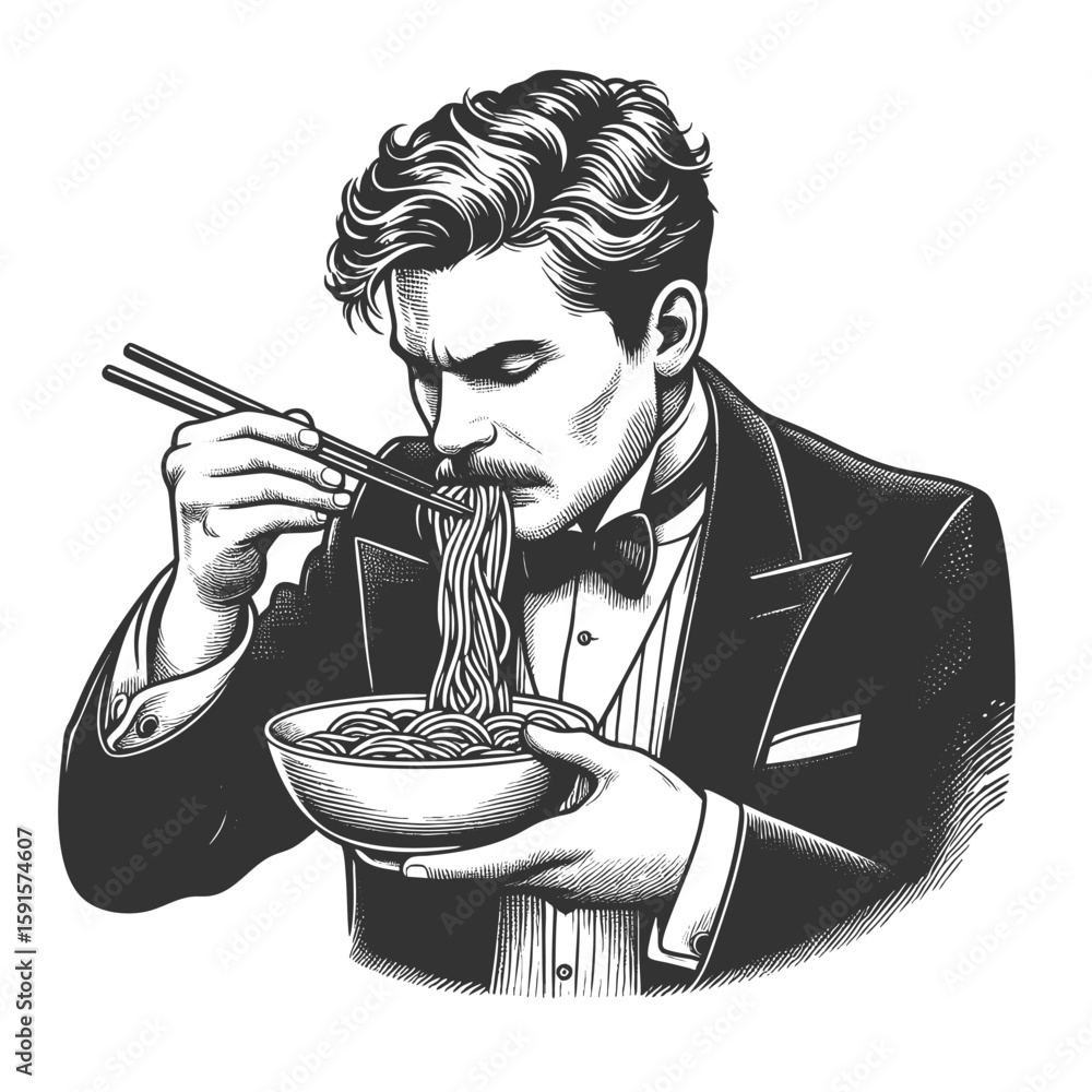 Poster funny wide-eyed victorian man exaggeratedly slurping noodles from bowl with a stunned expression ske