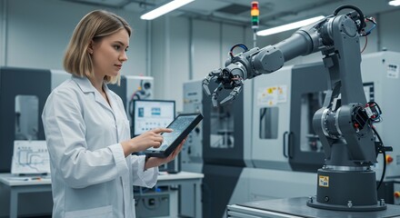 Female Engineer Controls Robotic Arm in Modern Industrial Laboratory Setting.
