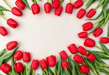 Vibrant red tulips arranged in a circle on a light stone background, leaving central copy space, overhead, color