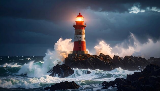 Dramatic lighthouse amidst stormy ocean