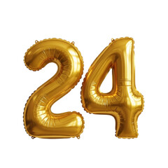 Shiny gold foil number 24 balloon on transparent background