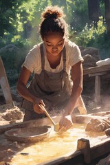 Young female raft former skillfully crafting a raft with vibrant tools in a wooded area