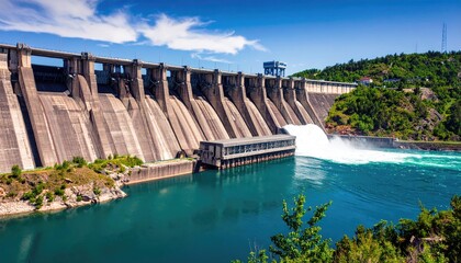 Massive dam releases water into a turquoise lake