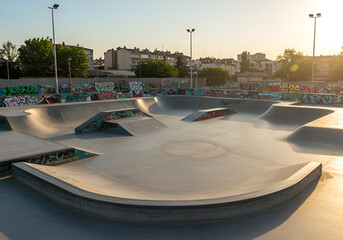 Concrete skate park with ramps and rails, urban sports environment
