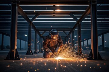 A Welder Kneeling Under a Metal Structure Creating Intense Sparks in a Dimly Lit Workspace