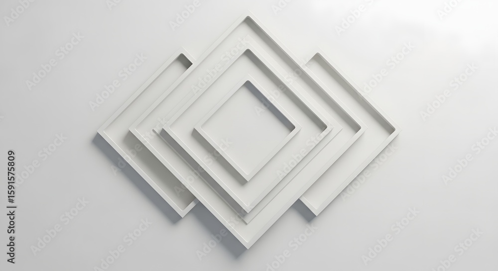 Poster interlocking white squares form an abstract geometric design against a plain background.