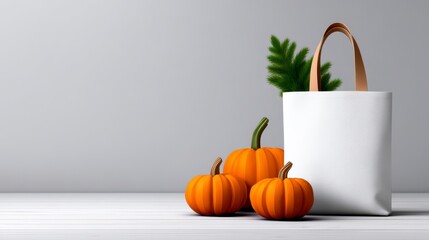 Stylish tote bag mockup with pumpkins displayed on a white surface perfect for showcasing Halloween themed designs. High quality autumn graphic design presentation featuring a charming