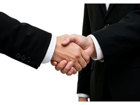 Two businessmen in formal suits shaking hands firmly in agreement symbolizing partnership and trust isolated on transparent background