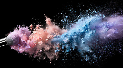 Pastel Powder Explosion with Makeup Brush on Black Background