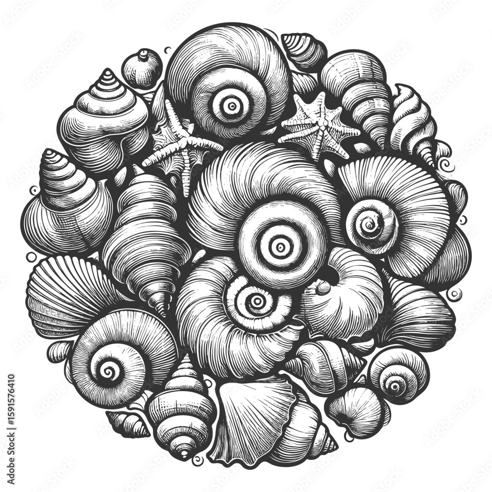 Poster seashells and a starfish in a circular composition, ideal for coastal and nautical designs sketch en