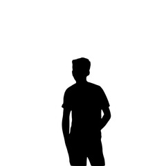 Back view of silhouette traveler standing alone in white background. Dark shadow of a standing man. Back view of a black man.