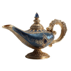 Ornate dark-blue genie lamp with gold detailing, jeweled accents, and a curved handle