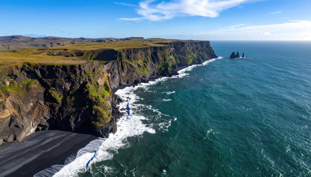 Dramatic coastal landscape with black sand beach