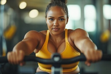 Overweight woman exercising on a rowing machine, performing a routine workout to improve physical and mental health, demonstrating the benefits of regular exercise, Generative AI