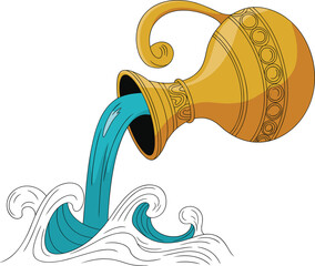 Aquarius zodiac sign golden jug pouring water, horoscope astrology illustration, decorative vintage water bearer symbol, cosmic energy art design