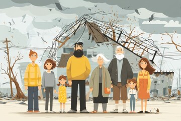 Family assessing storm damage to their home while showing resilience in the face of adversity