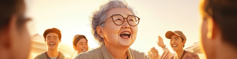 Elderly Asian tent master shares stories with enthusiastic helpers at sunset