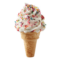 A swirl of creamy vanilla soft-serve ice cream, generously topped with colorful sprinkles, nestled in a crisp waffle cone