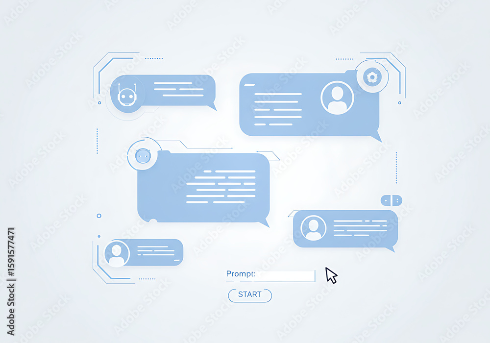 Poster digital interface showcasing chat bubbles, user profiles, and a prompt input field.