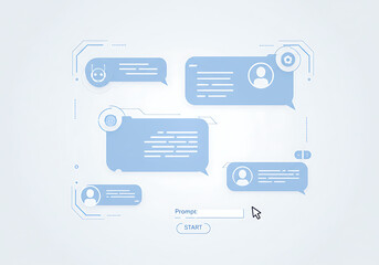 Digital interface showcasing chat bubbles, user profiles, and a prompt input field.