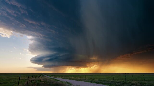 Spectacular supercell storm cloud drifts closer in wonderful sunset colors
