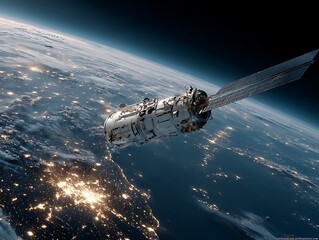 High-Tech Artificial Satellite Orbiting Earth at Night

