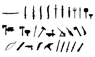 Diverse Silhouettes of Weapons Swords, Axes, and Bows for Historical or Fantasy Designs