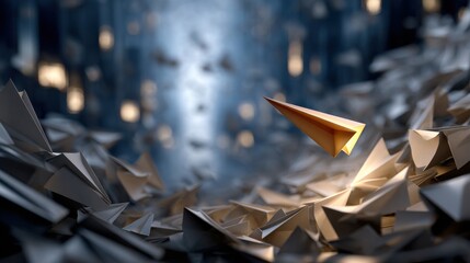 A paper airplane is flying through a pile of paper