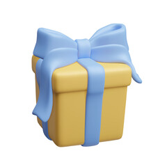 Yellow gift box with blue ribbon and bow 3D style vector illustration isolated on white background. Birthday party surprise present box, happy holiday celebration concept.