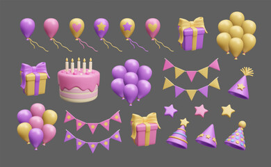 Colorful 3D birthday party decor set: party hat, air balloons, gift box, birthday cake, flag garland vector icon set isolated on dark background. Congratulations! Happy birthday celebration bundle.