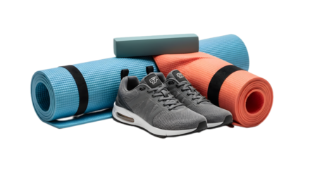 Gray Athletic Shoes with Blue and Red Yoga Mats on Transparent Background