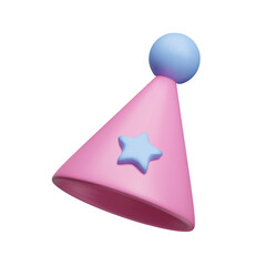 Pink and blue party hat with star decoration and pom pom ball 3D style vector icon. Boy or girl gender reveal party hat, baby shower birthday party cone cap 3D vector render.