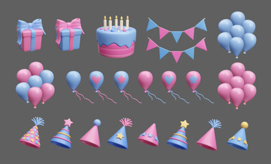 Boy or girl gender reveal party decor 3D icon set. Big bundle of different pink and blue baby shower birthday party: party hat, gift box, air balloons, birthday cake, flag garland isolated 3D icon set