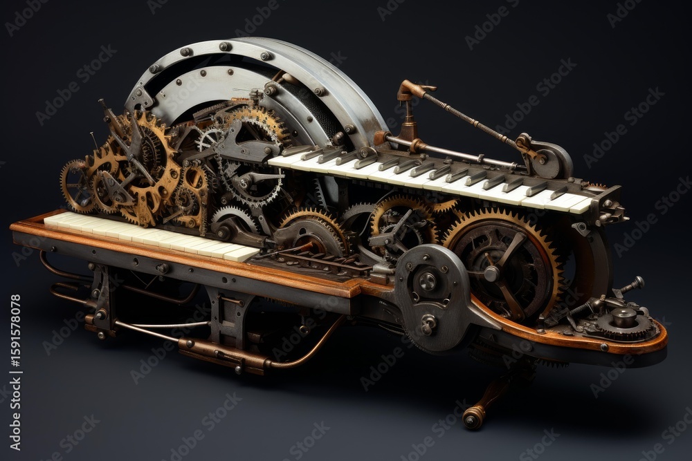 Poster intricate clockwork mechanism with gears and keyboard producing music automatically on a dark backgr