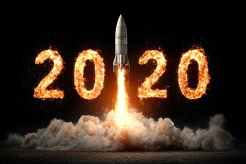 Rocket launching from fiery 2020 numerals