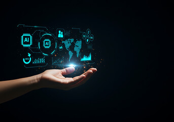 Hand holding a glowing holographic interface with AI, world map, and data visualizations against a dark background.