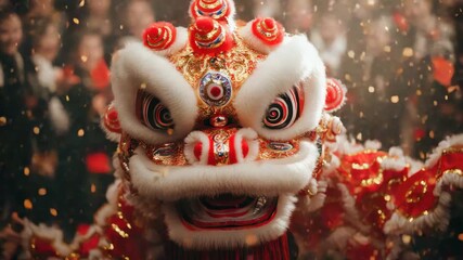 Chinese lion dance costume featuring traditional red and gold decoration during vibrant cultural festival celebration with festive atmosphere and glowing confetti in blurred crowd background - Powered by Adobe